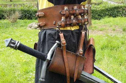 Sheath picture of our Custom leather potion carrier belt, perfect for wizards, druids, and medieval alchemists in fantasy settings