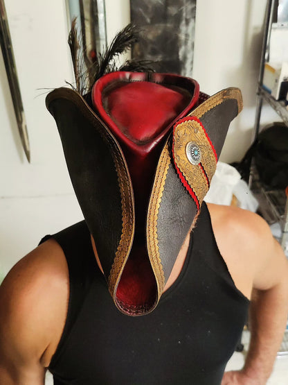 Me wearing the pirate captain leather headpiece with feathers and leather handmade decor