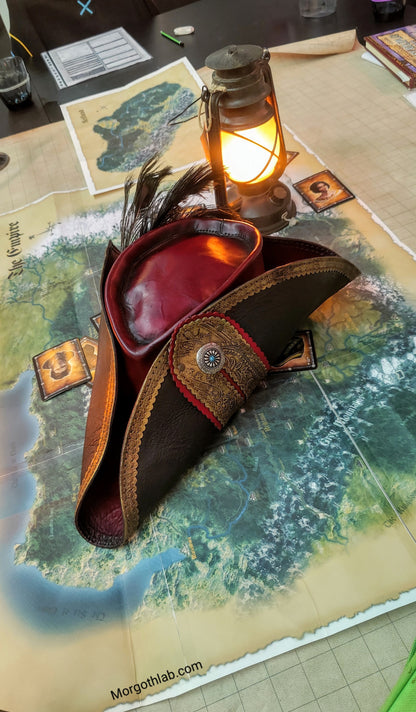 Leather pirate hat with peacock feathers, lit by a lantern