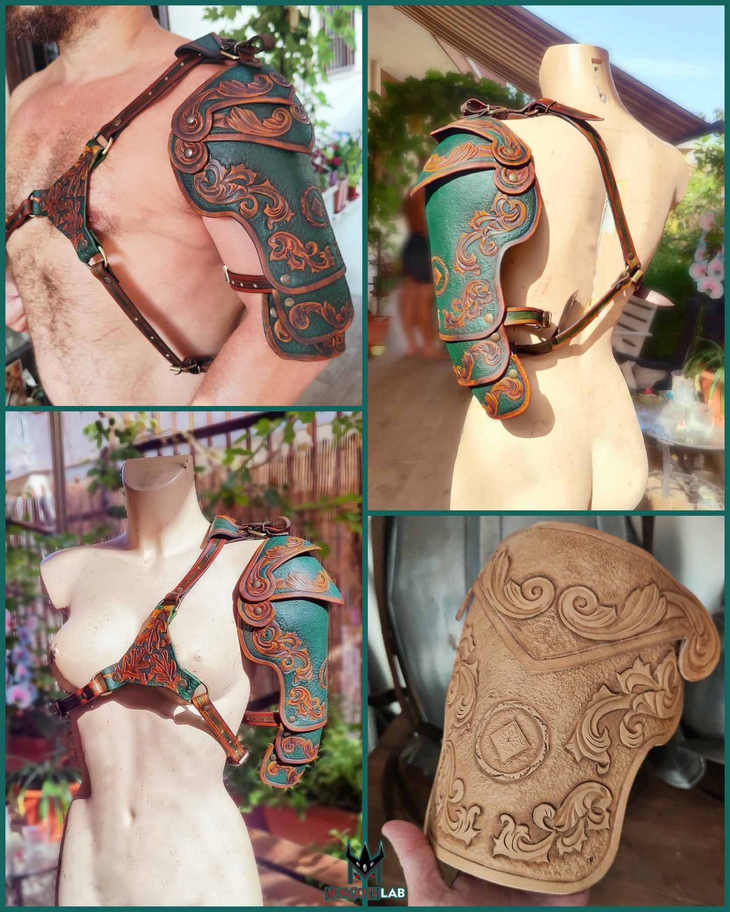 Engraved Leather Single Spauder - Green / Brown Custom One Shoulder Armor