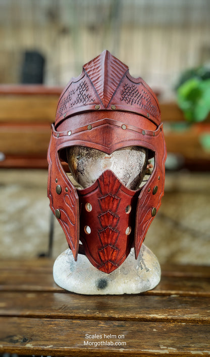 Scale LEATHER HELMET / Handmade Medieval Fantasy Helm for Larp & Cosplay