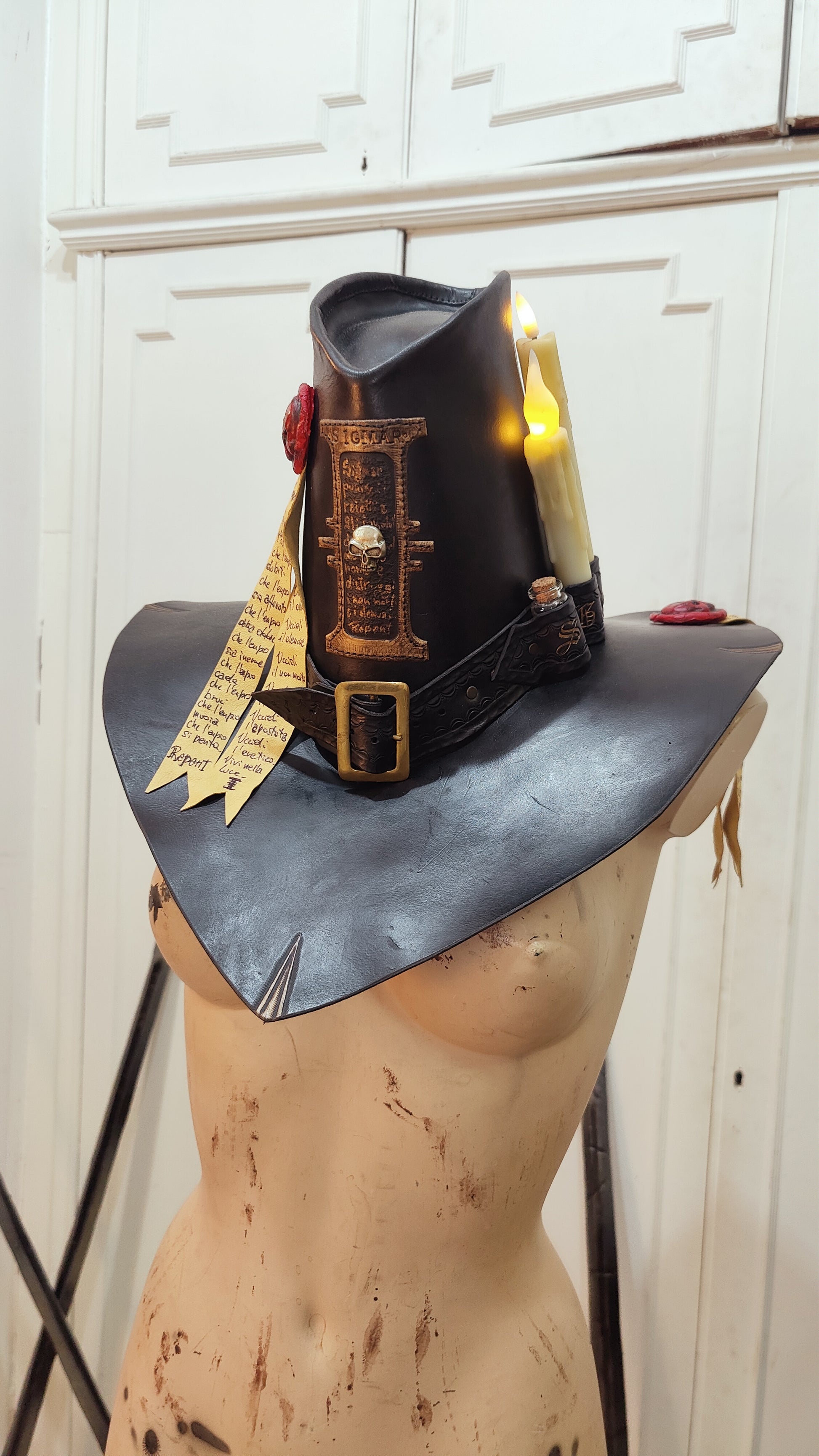Unique handcrafted Warhammer Witch Hunter Hat, durable leather costume accessory for LARP