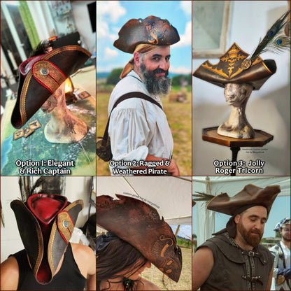 Leather Pirate Captain Hat - Handmade Custom Tricorn for Larp and Cosplay