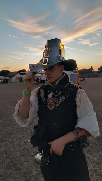 Cosplay Witch Hunter Hat with protective litanies, candles, and purity seals – handmade in Italy