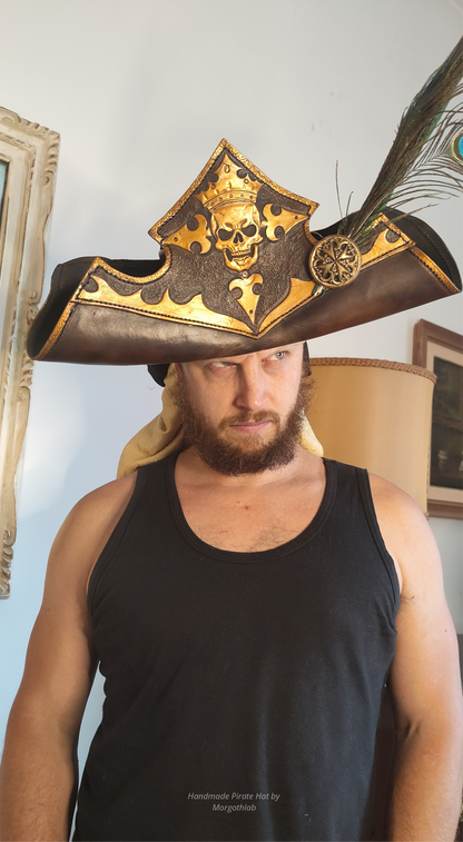 Leather Pirate Captain Hat - Handmade Custom Tricorn for Larp and Cosplay