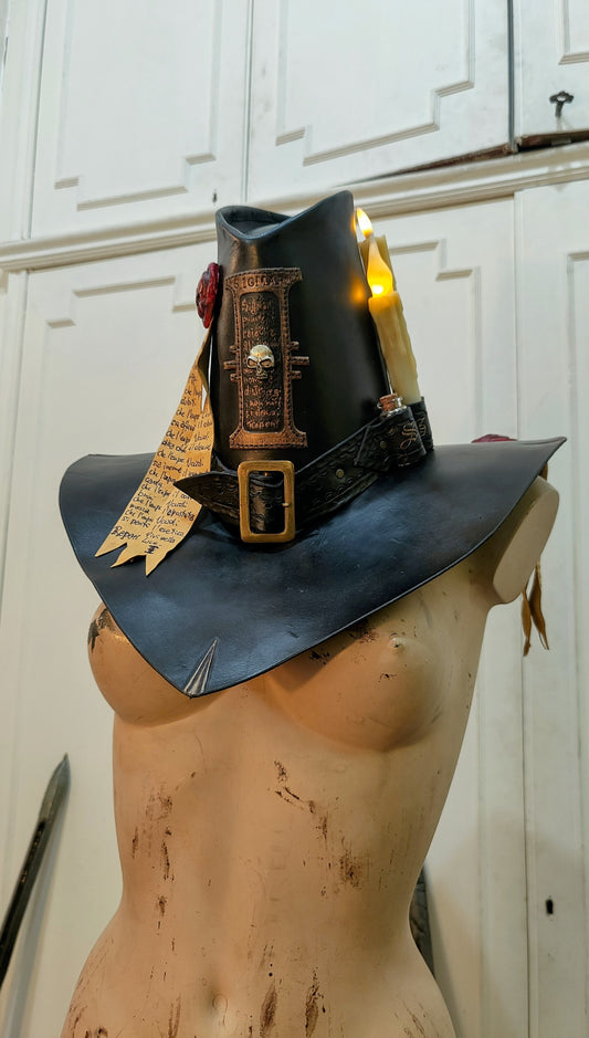 Handmade leather Witch Hunter Hat with purity seals and candles – Warhammer inspired cosplay gear