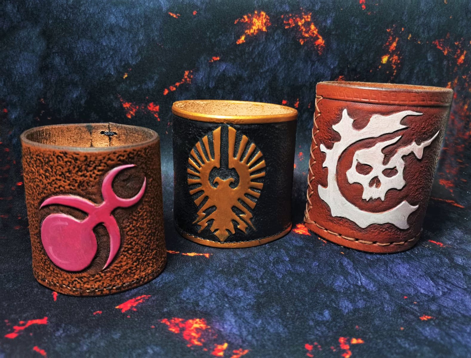 Premium handmade leather dice cup, designed for role-playing games, fully customizable with symbols and initials
