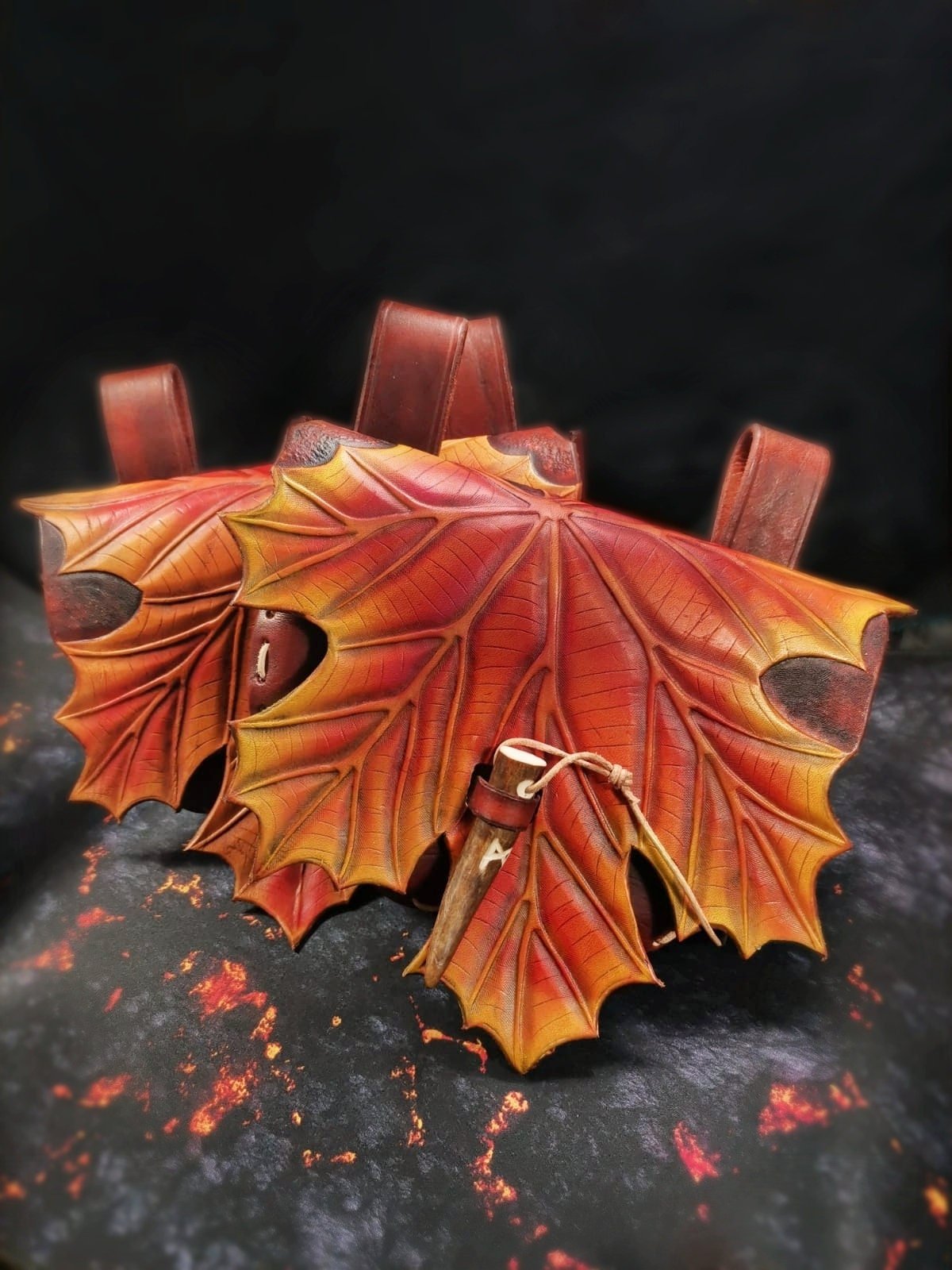 Gradient yellow, orange and red maple leaf handmade leather bags, perfect for larp, renfaires and dailywear, perfect gift for fall lovers!