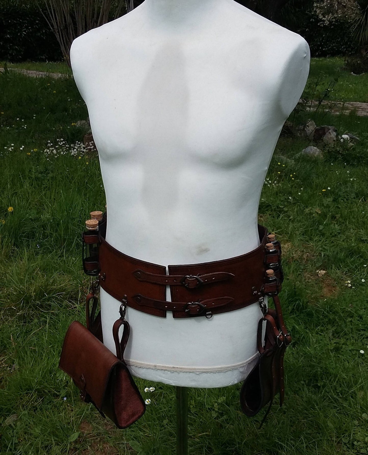 Adjustable leather alchemy belt with secure potion holsters, designed for role-playing and immersive LARP events.