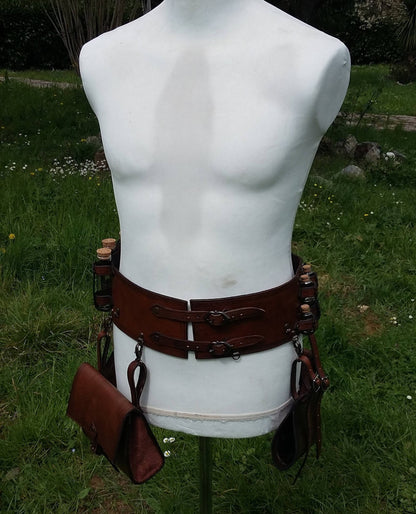 Adjustable leather alchemy belt with secure potion holsters, designed for role-playing and immersive LARP events.