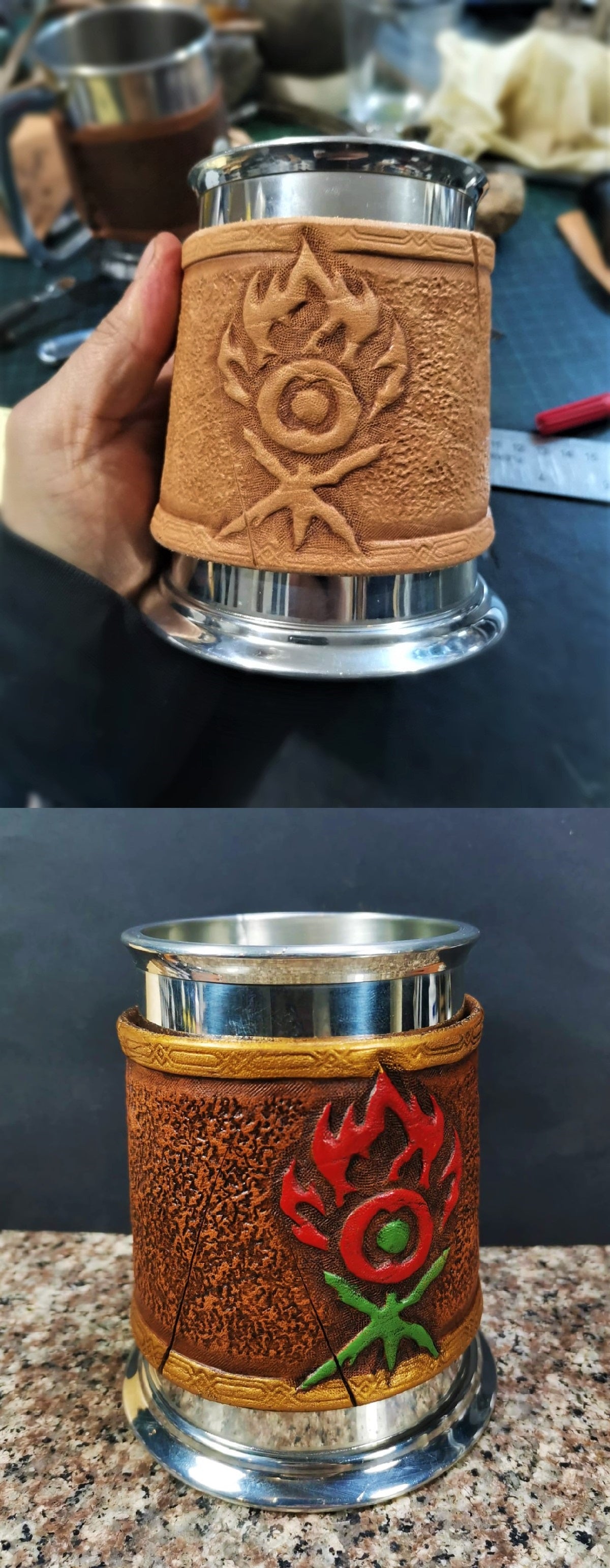 Viking-style engraved leather mug wrap – perfect for LARP, Renaissance fairs, and mead lovers