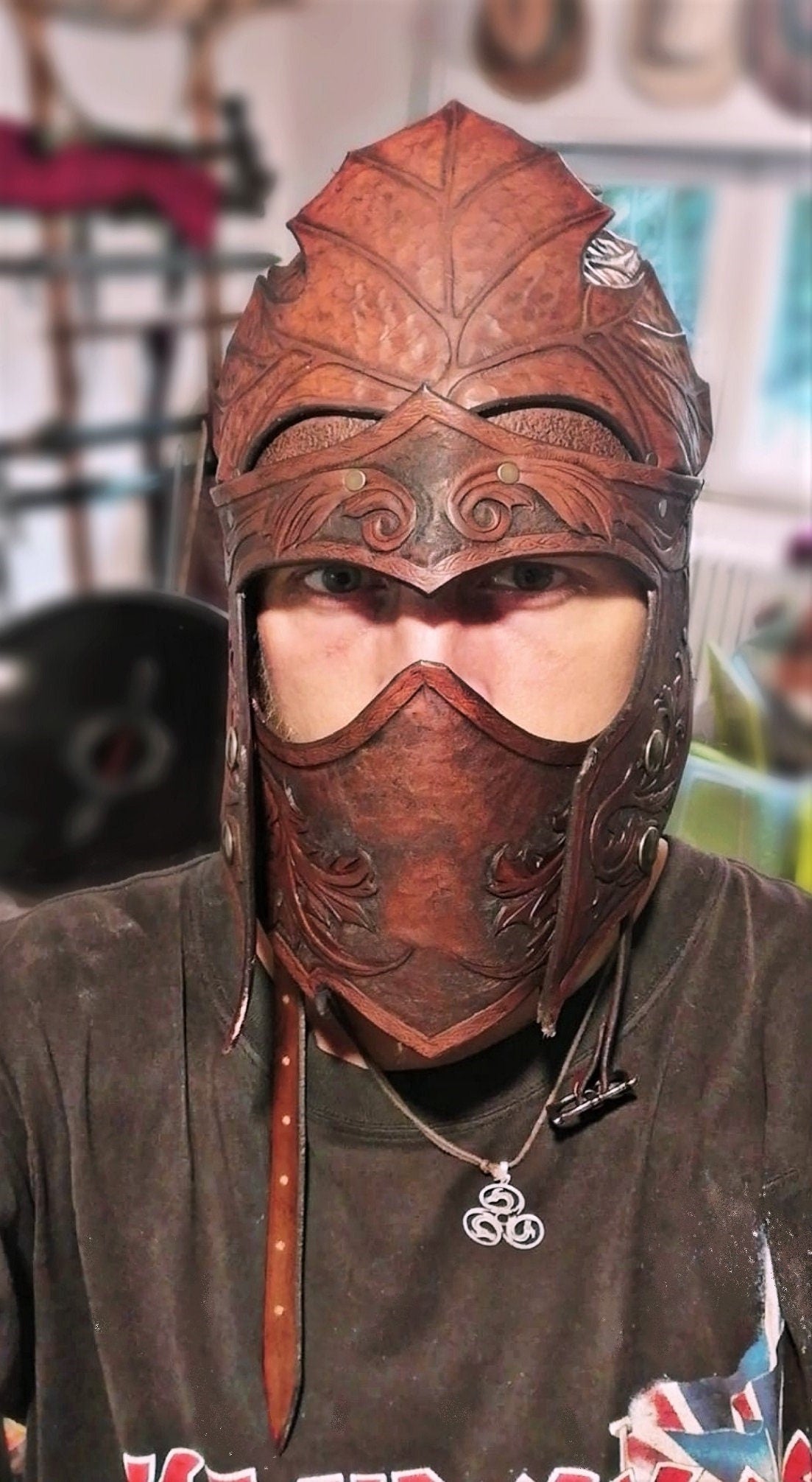 Medieval Viking warrior helmet made from premium leather, ideal for historical reenactments and cosplay armor