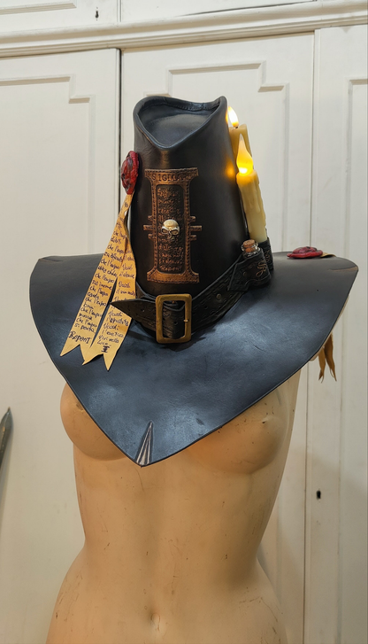 Black leather Witch Hunter Hat on Mannequin