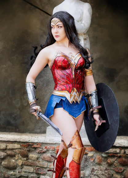 Handmade Wonder Woman cosplay costume, custom-made in leather or foam, including corset, skirt, and accessories.