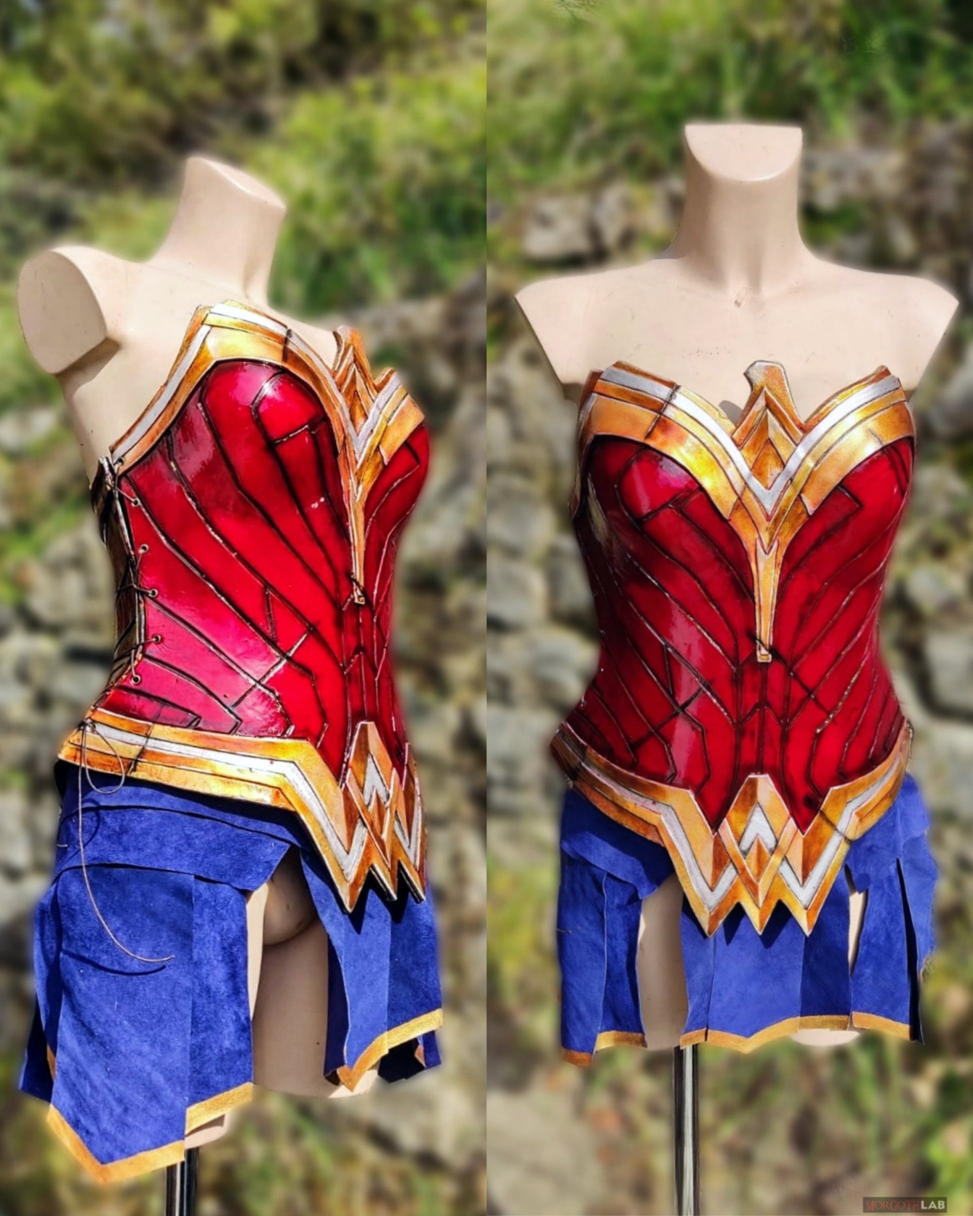 Handmade Wonder Woman cosplay armor set, including sword and shield, crafted from leather or foam for a perfect finish.